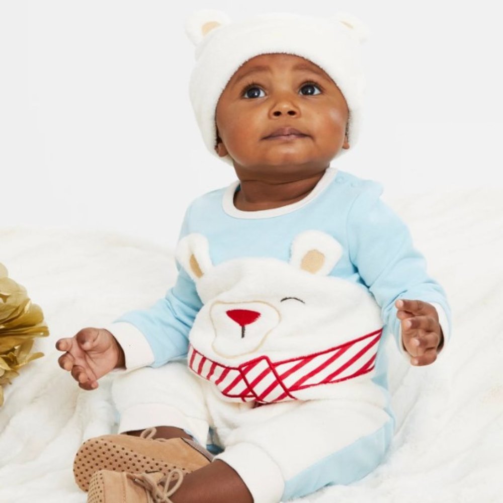 NEW Infant Boys Sz 0-3 Bear Romper & Soft Fleece Cap 2 Pc Outfit